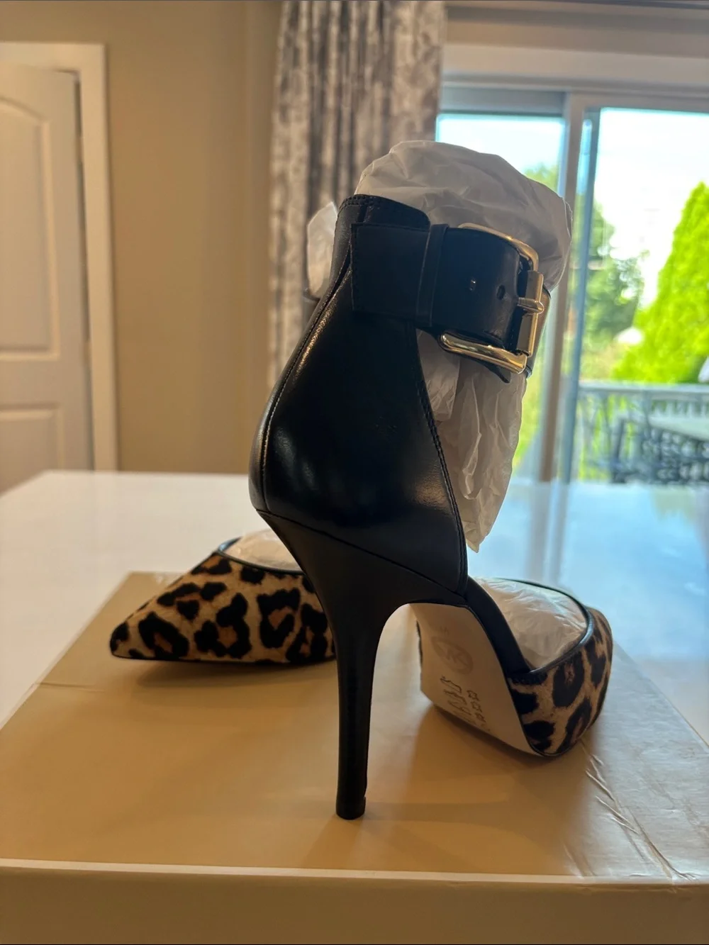 Michael Kors Leopard Print Pointed Toe Ankle-Strap Heels in Natural